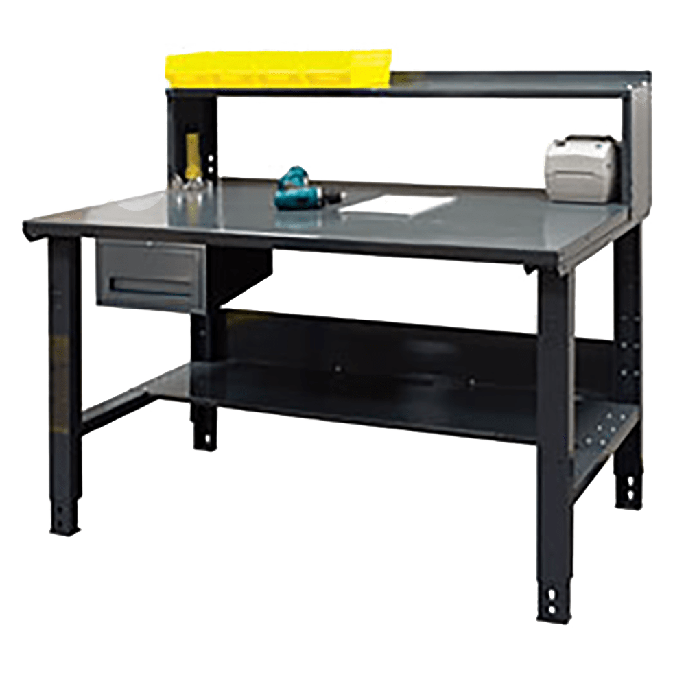Height Adjustable Industrial Workbench plus Bottom Shelf, Riser & Drawer