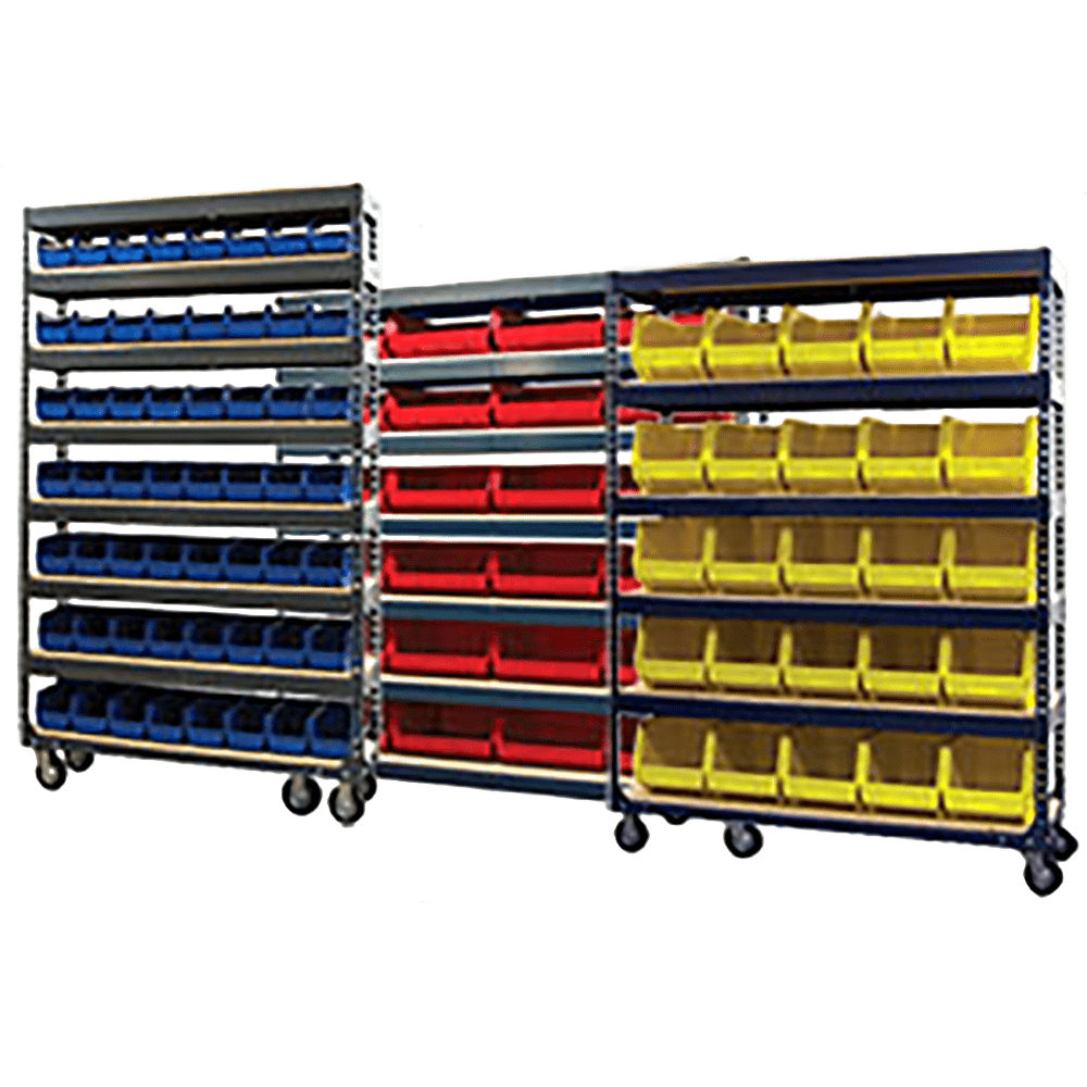 Series 200A Mobile Bin Storage Units with Yellow Bins – All Rack Solutions