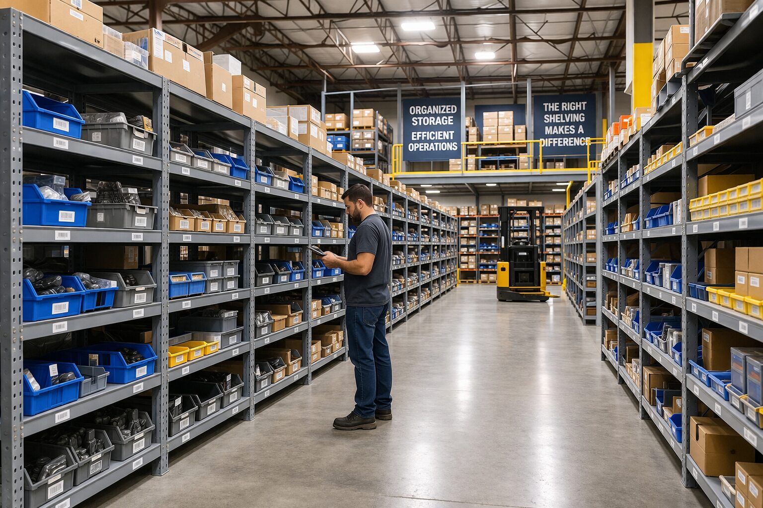 Warehouse shelving systems inside a distribution facility